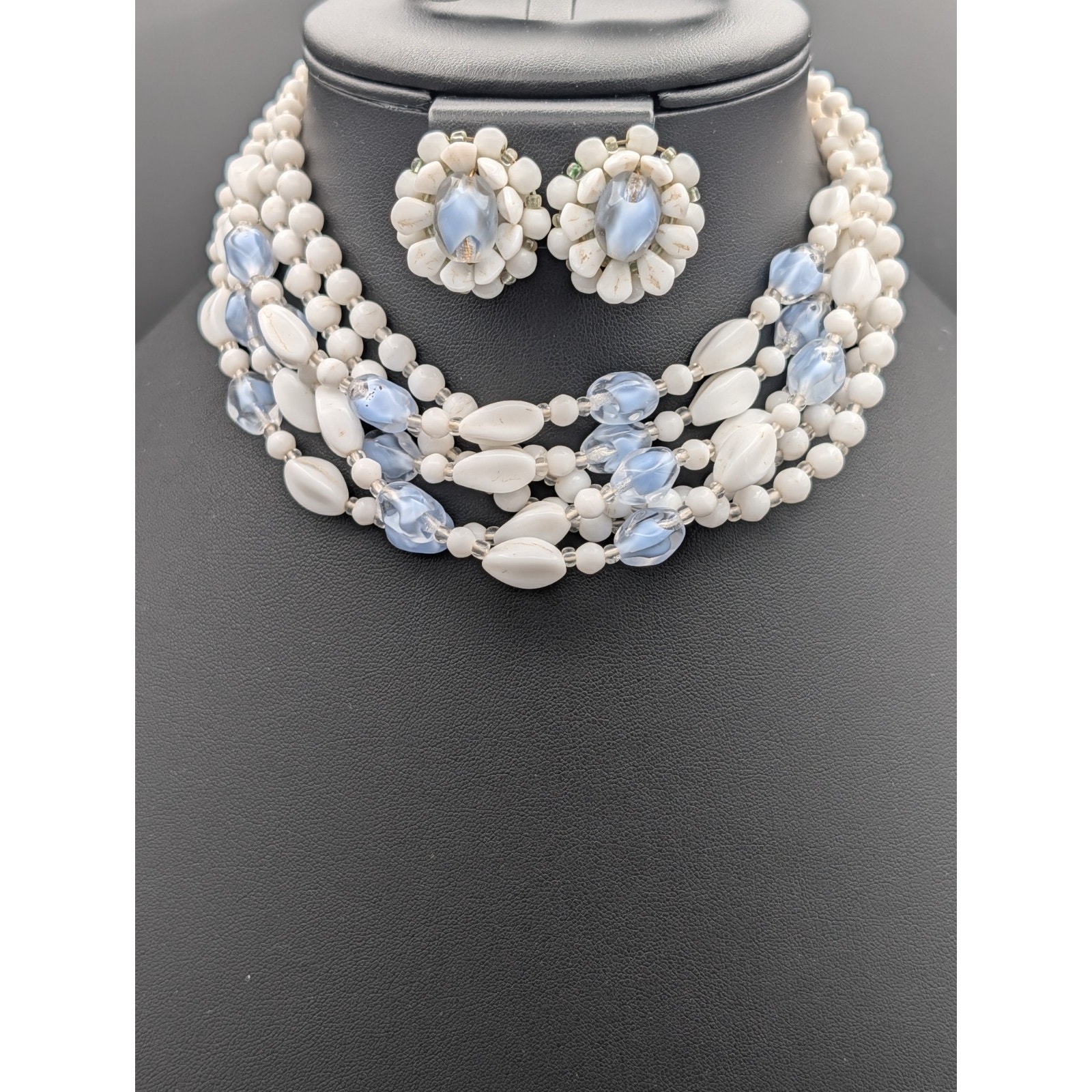 Vintage W Germany Milk Glass Blue Moonglow 5 Strand Necklace Earrings Set 1950s 75$